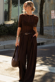 Striped Detail Transparent Oversized Brown Knit Blouse