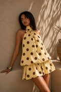 Polka Dot Yellow Balloon Mini Dress with Halter Neck