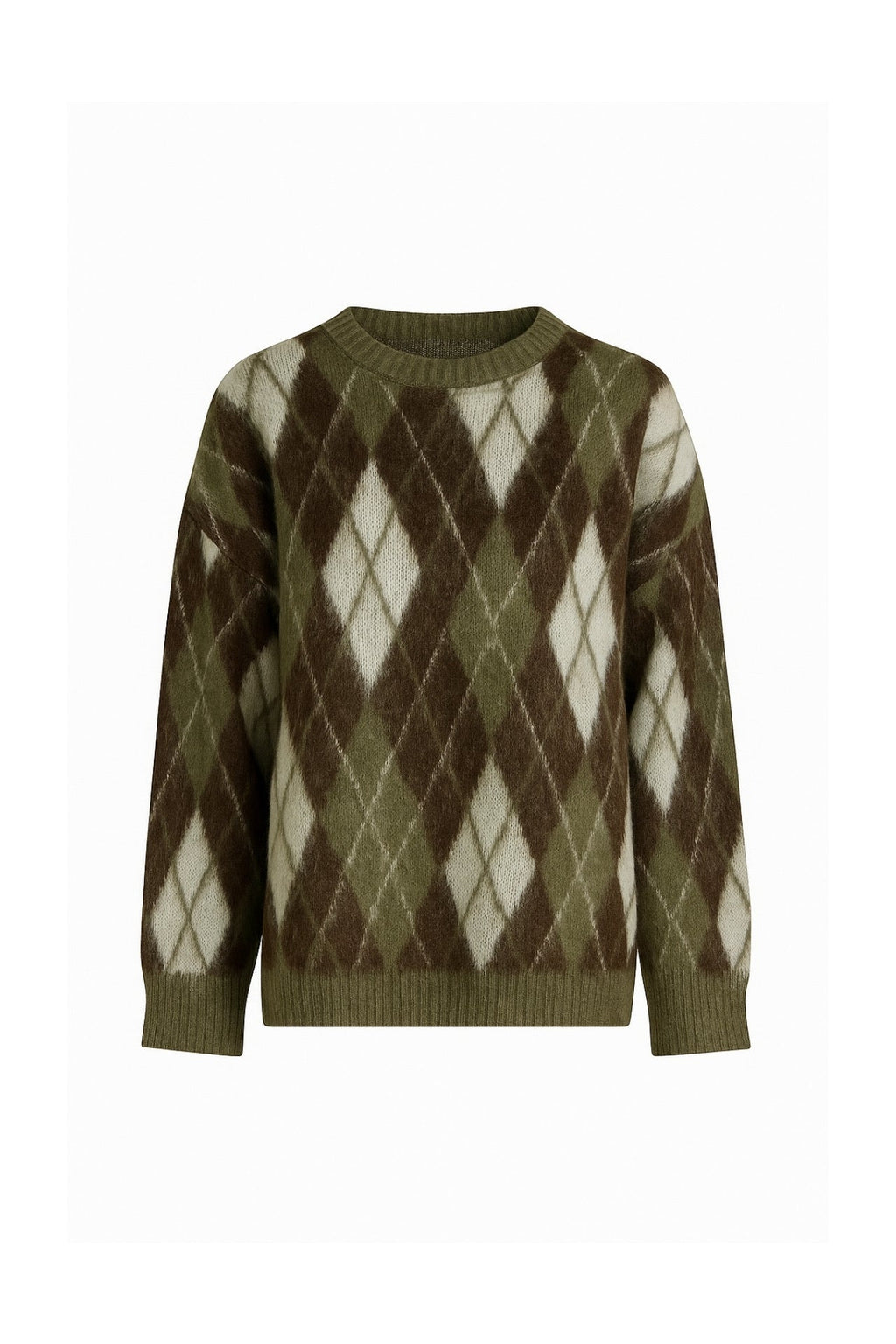 Diamond Pattern Textured Crew Neck Khaki Knit Sweater