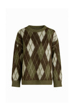 Diamond Pattern Textured Crew Neck Khaki Knit Sweater