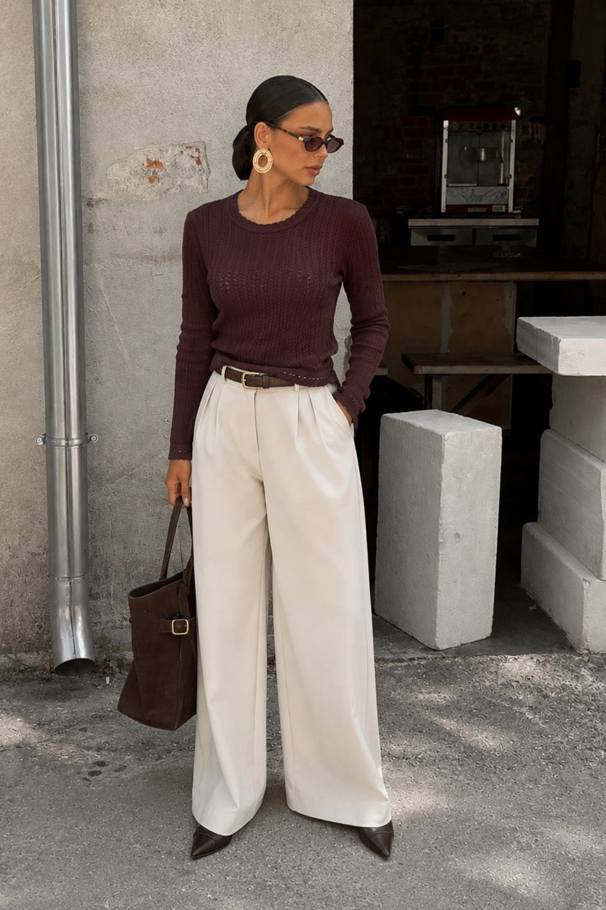 Knit Pattern Long Sleeve Basic Brown Textured Blouse