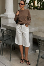 Crew Neck Button Detail Textured Beige Blouse