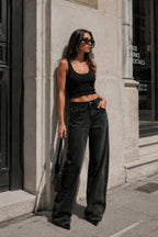 Stone Detail High Waist Black Jeans
