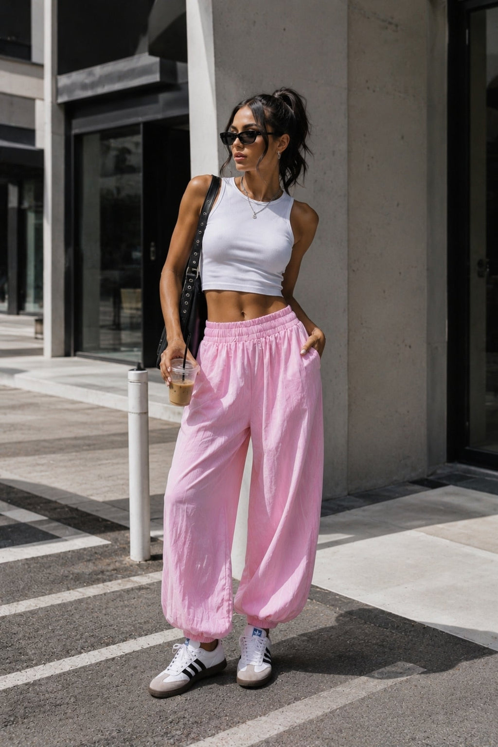 Pink Modal Balloon Trousers with Elastic Waist Detail