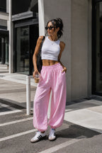 Pink Modal Balloon Trousers with Elastic Waist Detail