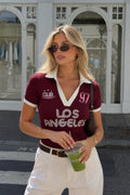 Polo Collar Double Color Printed Burgundy Crop T-Shirt