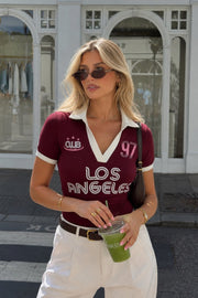 Polo Collar Two-Tone Printed Burgundy Crop T-Shirt