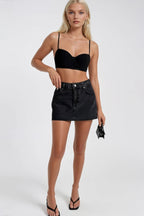 Laser Cut Denim Mini Black Skirt