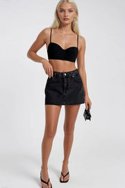 Laser Cut Denim Mini Black Skirt