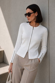 Double Fermuar Long Sleeve White Textured Blouse