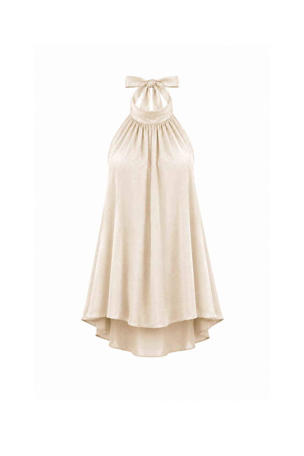 Turtleneck Low-cut Back Satin Ecru Mini Dress