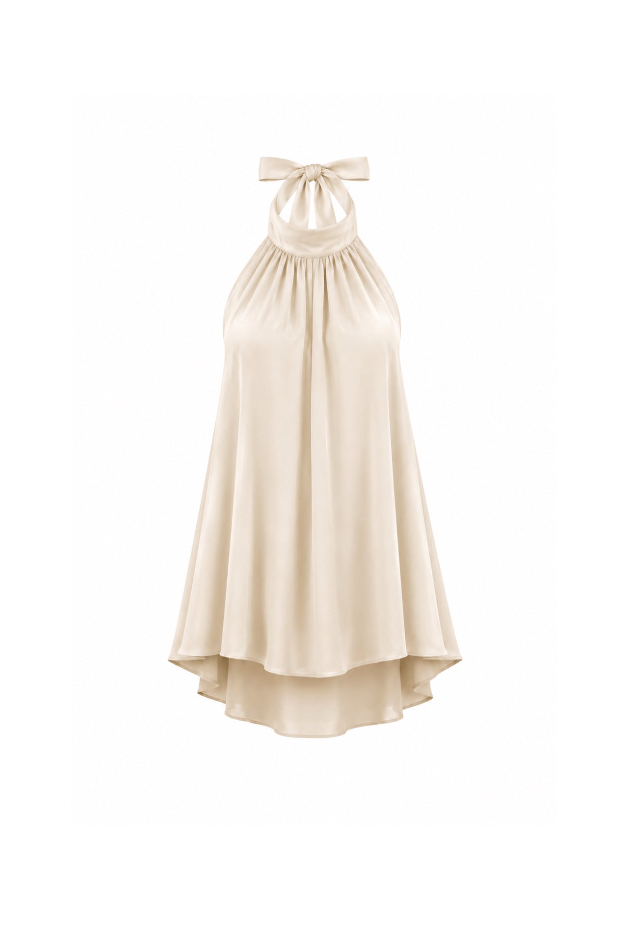 Turtleneck Low-cut Back Satin Ecru Mini Dress