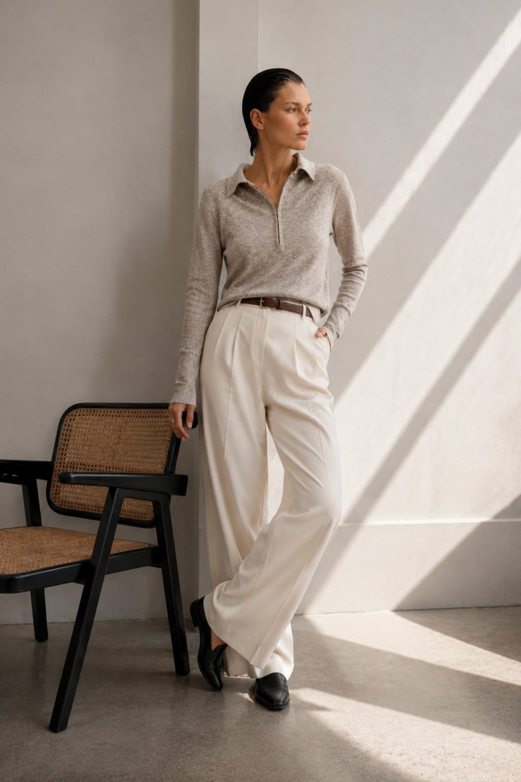 Fermuar Detail Fitted Waist Polo Collar Beige Blouse