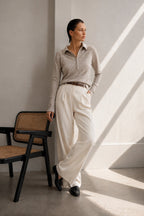 Fermuar Detail Fitted Waist Polo Collar Beige Blouse