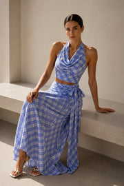 Blue Plaid Drape Neck Blouse Skirt Set with Tie Detail