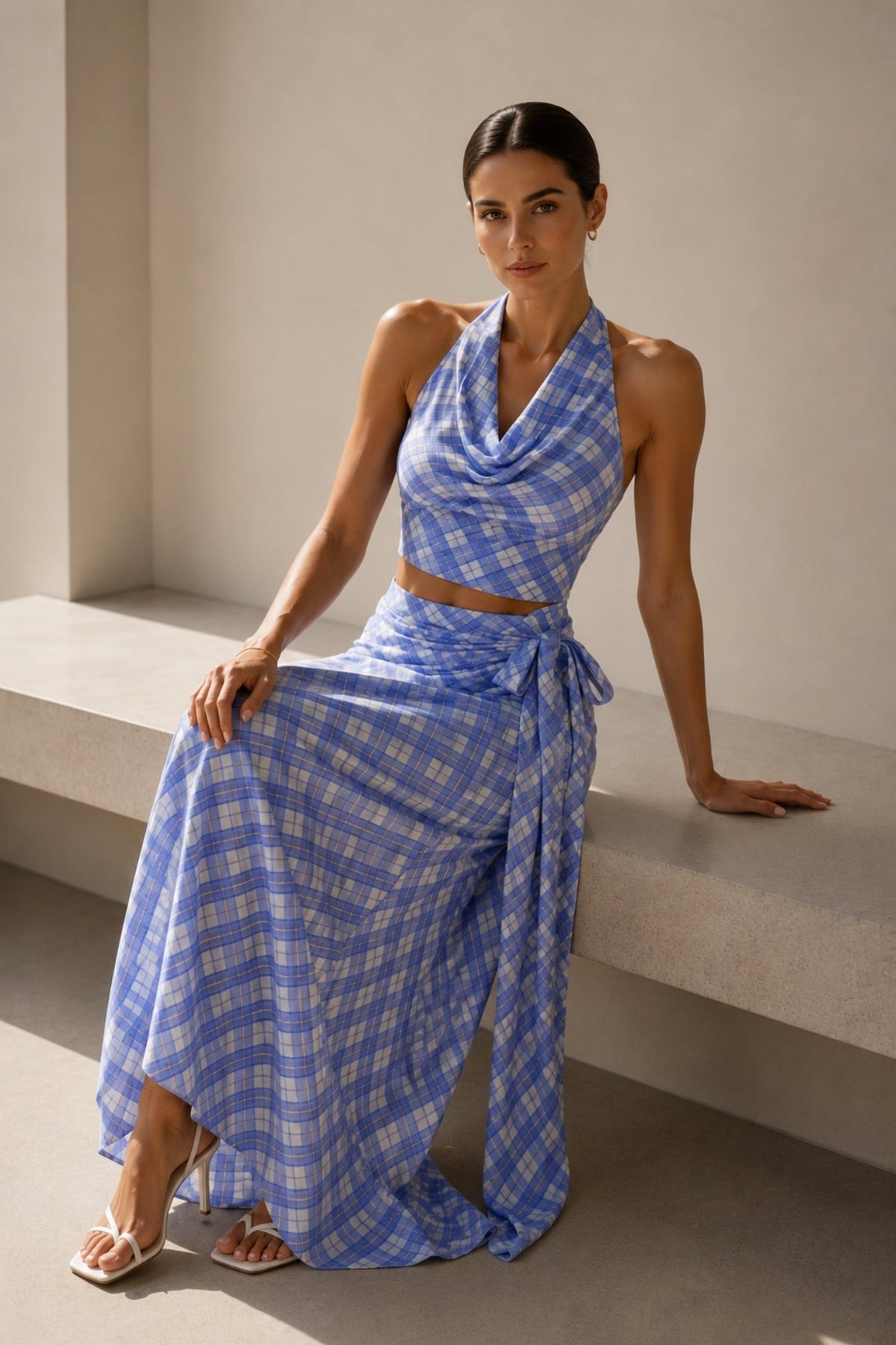 Blue Plaid Drape Neck Blouse Skirt Set with Tie Detail