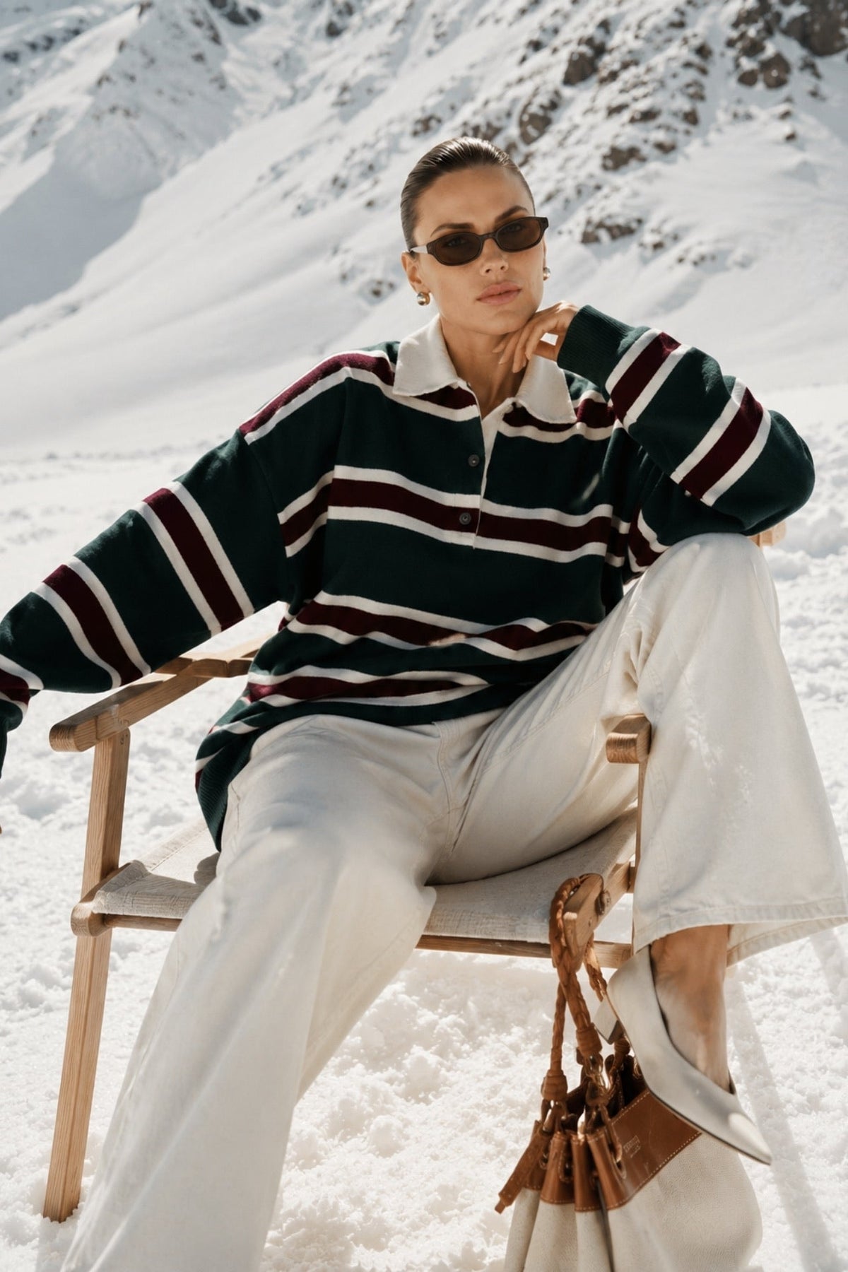 Striped Button-Down Polo Neck Green Knit Blouse