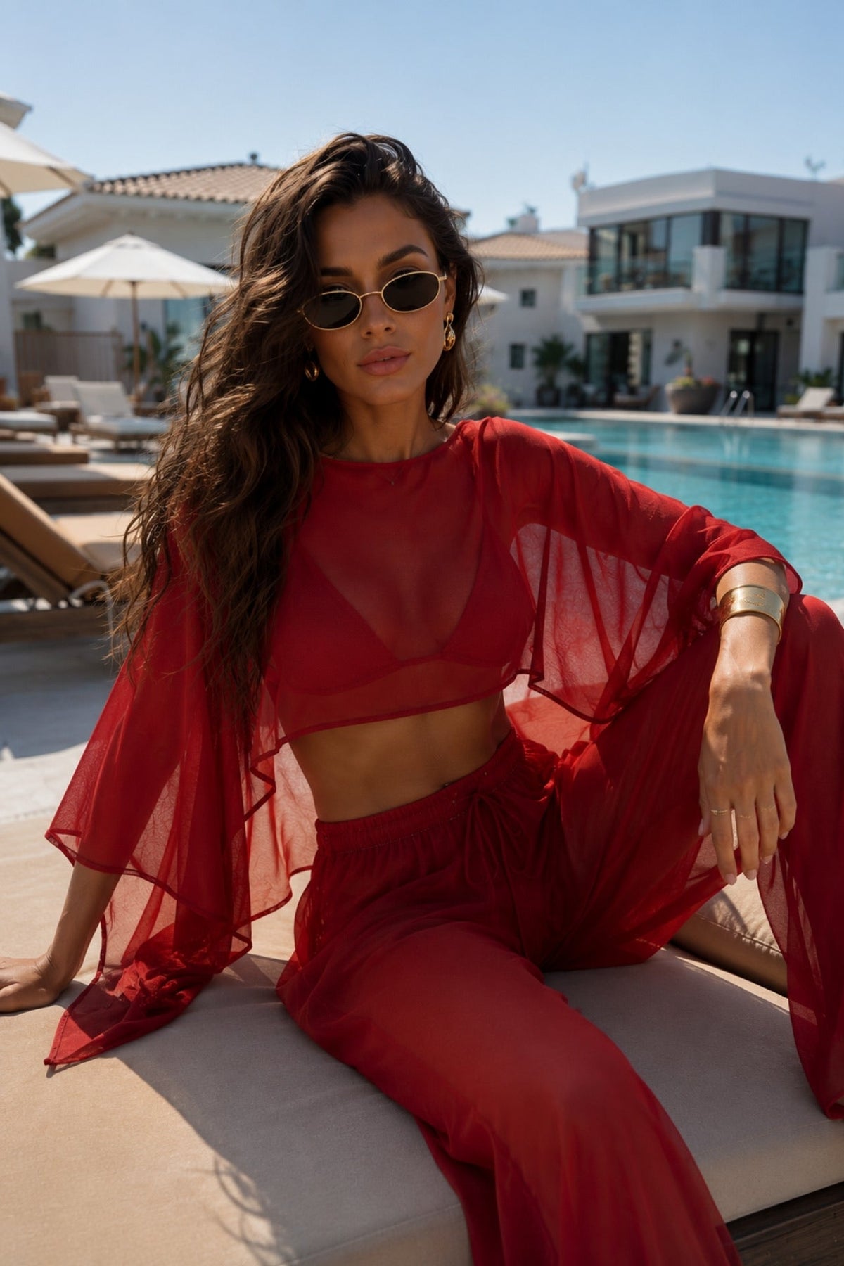 Red Two-Piece Set with Wide Collar Crop Transparent Blouse and High-Waisted Pants