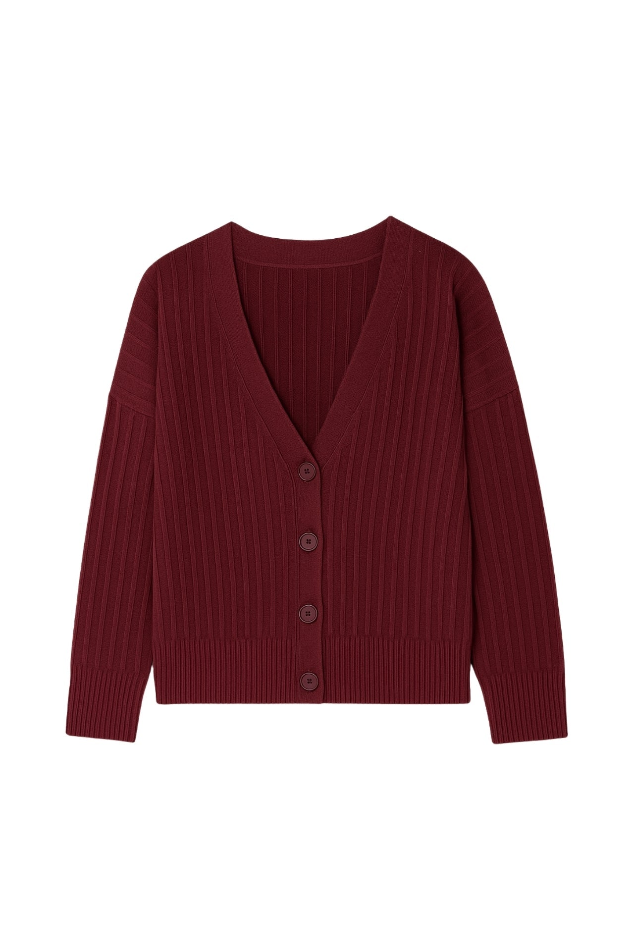 Buttoned V-Neck Burgundy Knit Cardigan