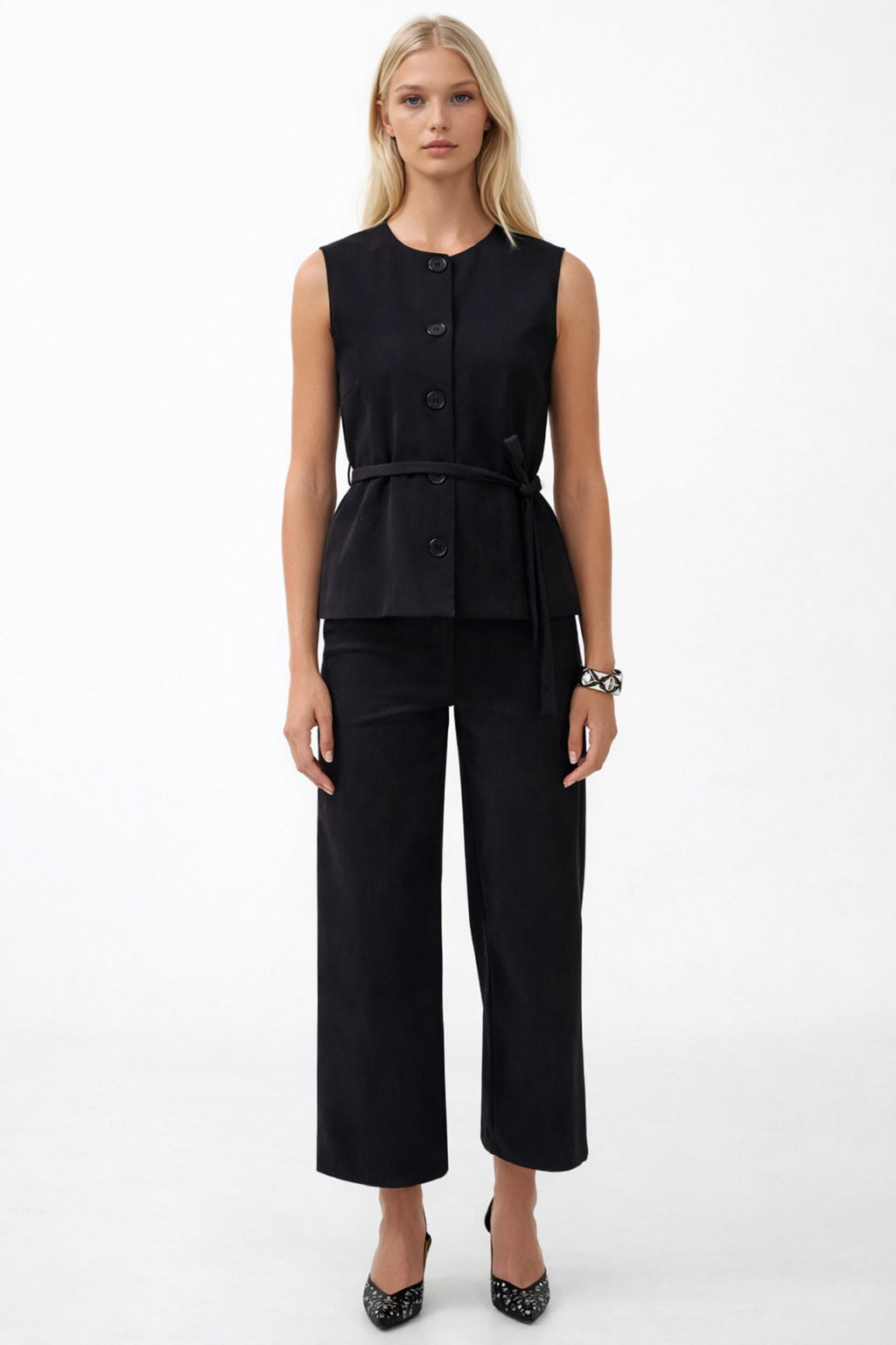 Sash Detail Woven Black Vest