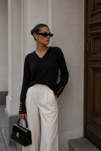 V-Neck Button Detail Black Knit Blouse