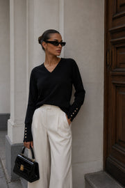 V-Neck Button Detail Black Knit Blouse