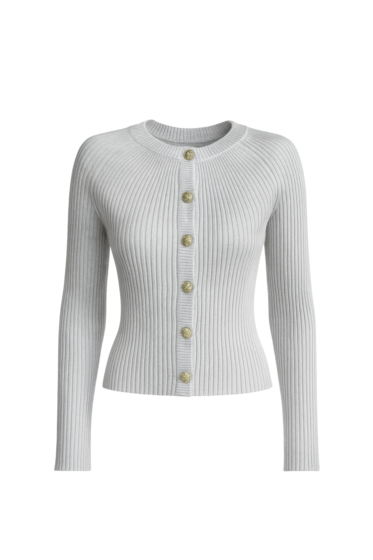Flounce Sleeve Gold Buttoned White Crew Neck Blouse