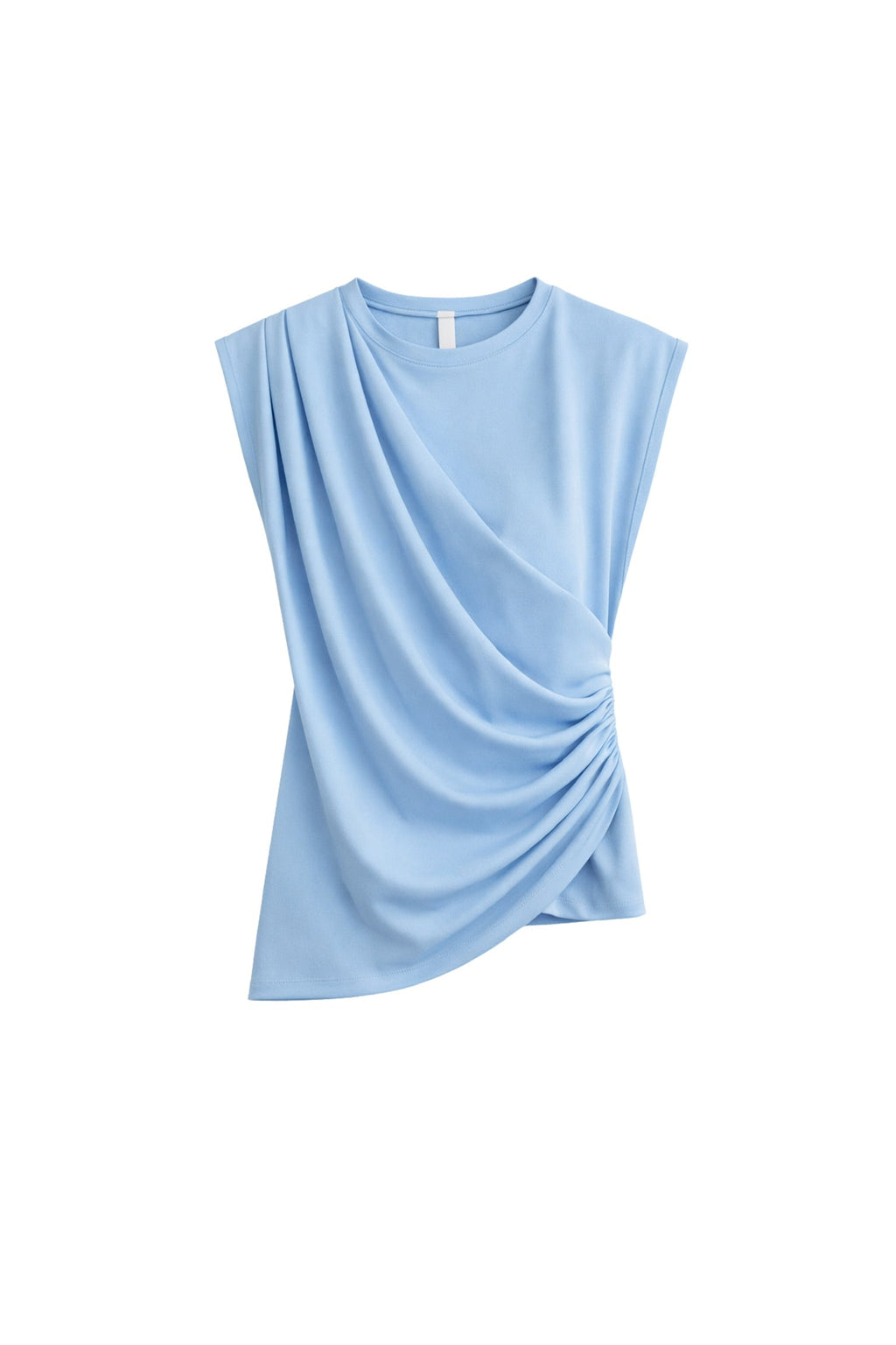 Ruched Shoulder Sleeveless Blue Blouse