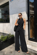 Neck Tie Detail Blouse Trousers Two-Piece Black Keten Set