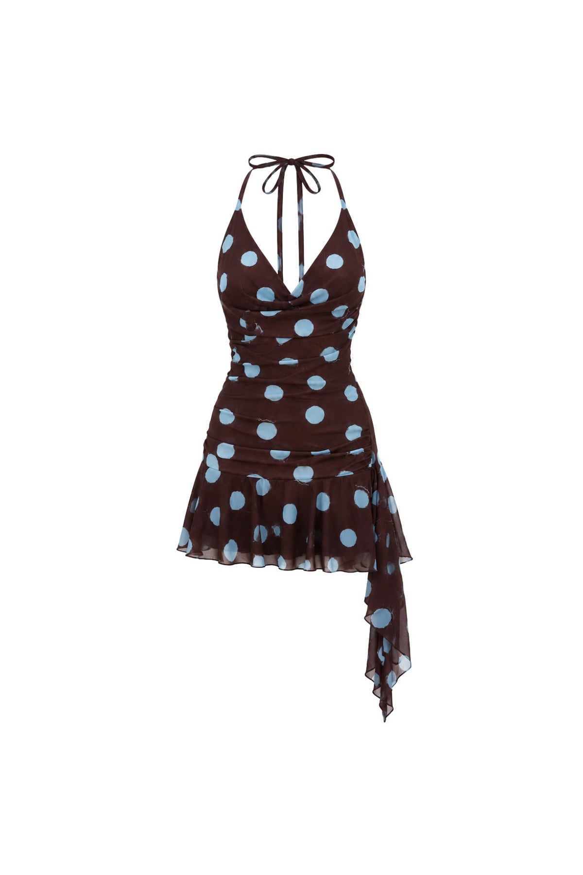 Brown Polka Dot Draped Neck Mini Dress