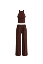 Halter Neck Sleeveless Blouse High Waist Textured Pants Two-piece Brown Set