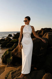 Cowl Neck Maxi White Satin Dress