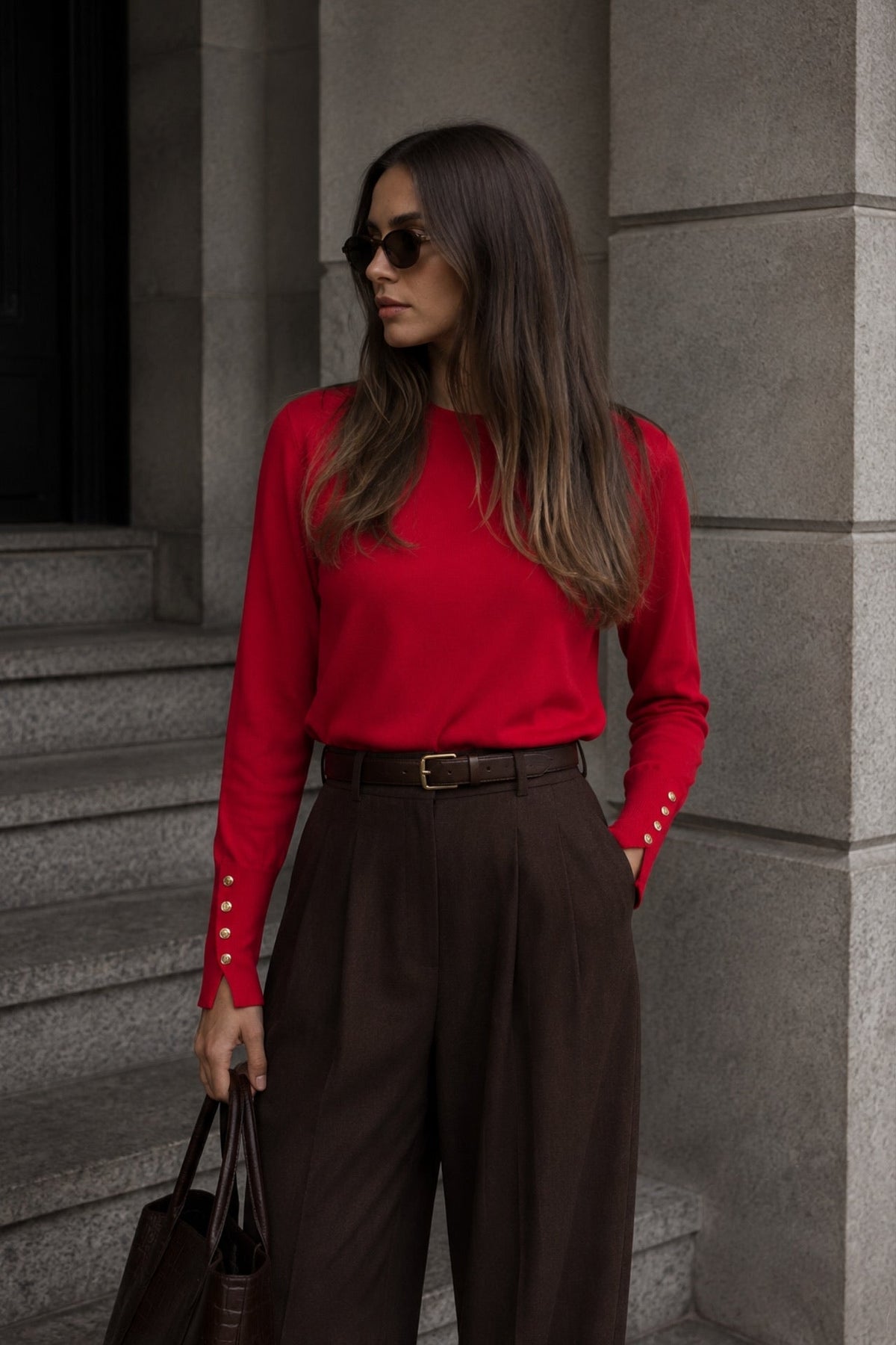 Button Detail Crew Neck Red Blouse