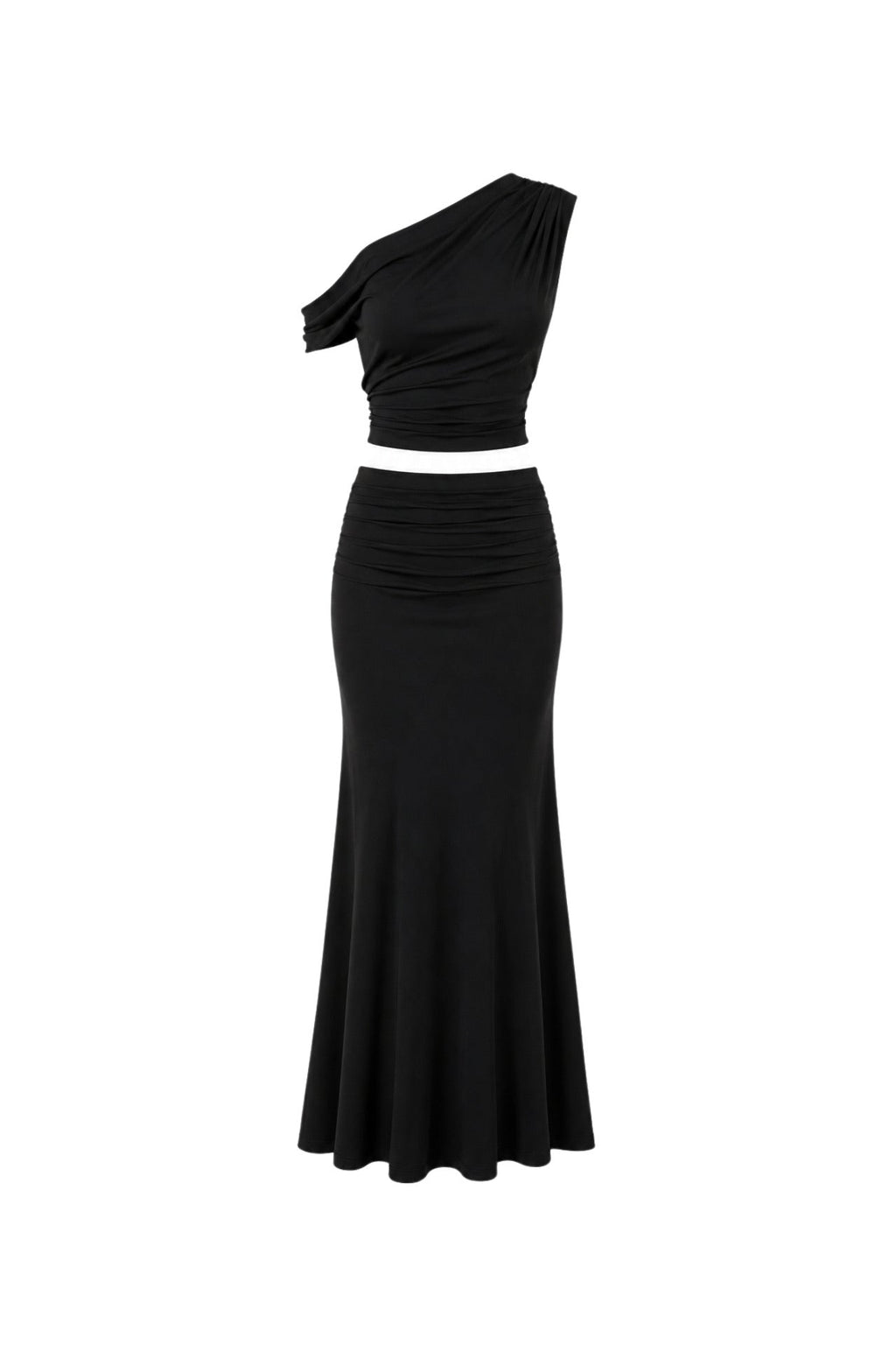 One-Shoulder Fitted Waist Blouse Ruched Detail Maxi Skirt Two-Piece Black Set