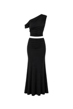 One-Shoulder Fitted Waist Blouse Ruched Detail Maxi Skirt Two-Piece Black Set