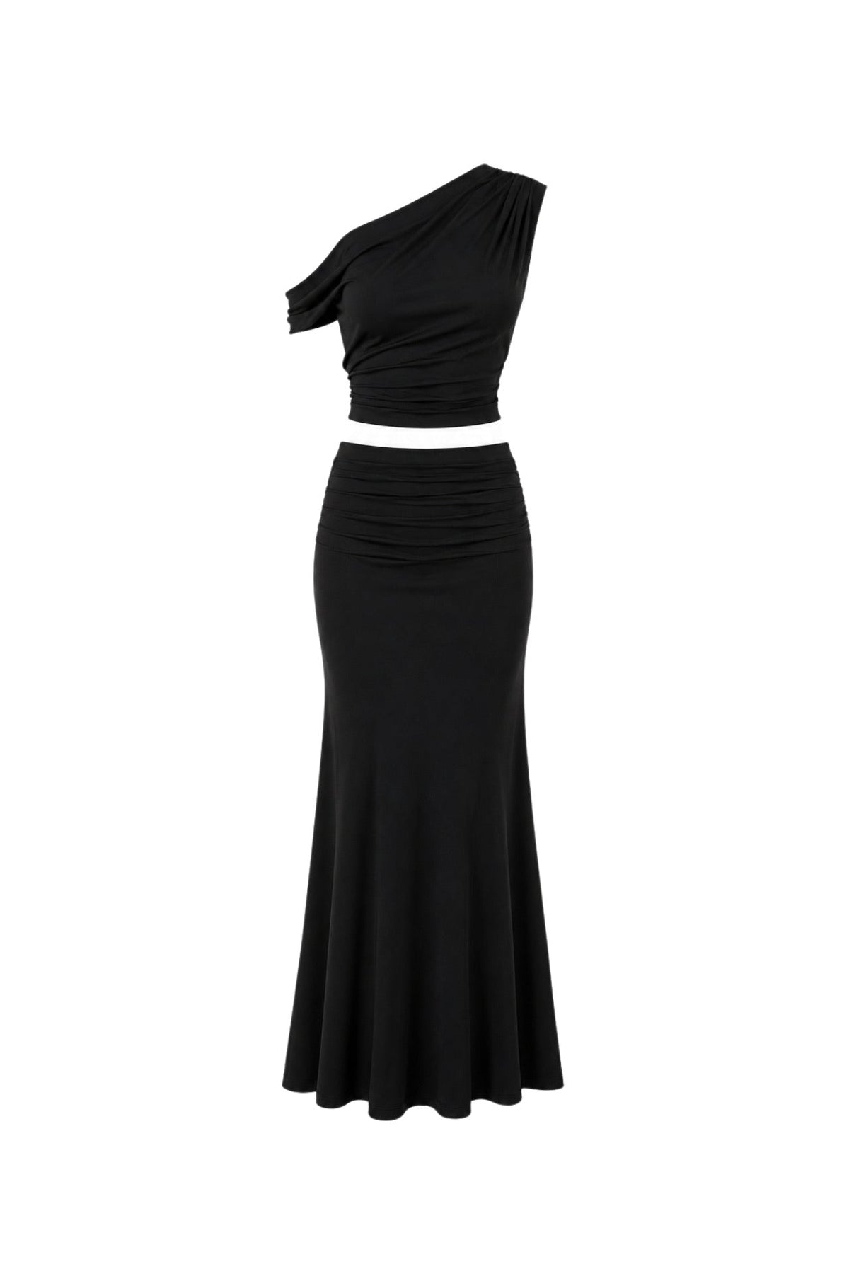 One-Shoulder Fitted Waist Blouse Ruched Detail Maxi Skirt Two-Piece Black Set