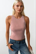 Ribbed Racer Neck Pink Blouse