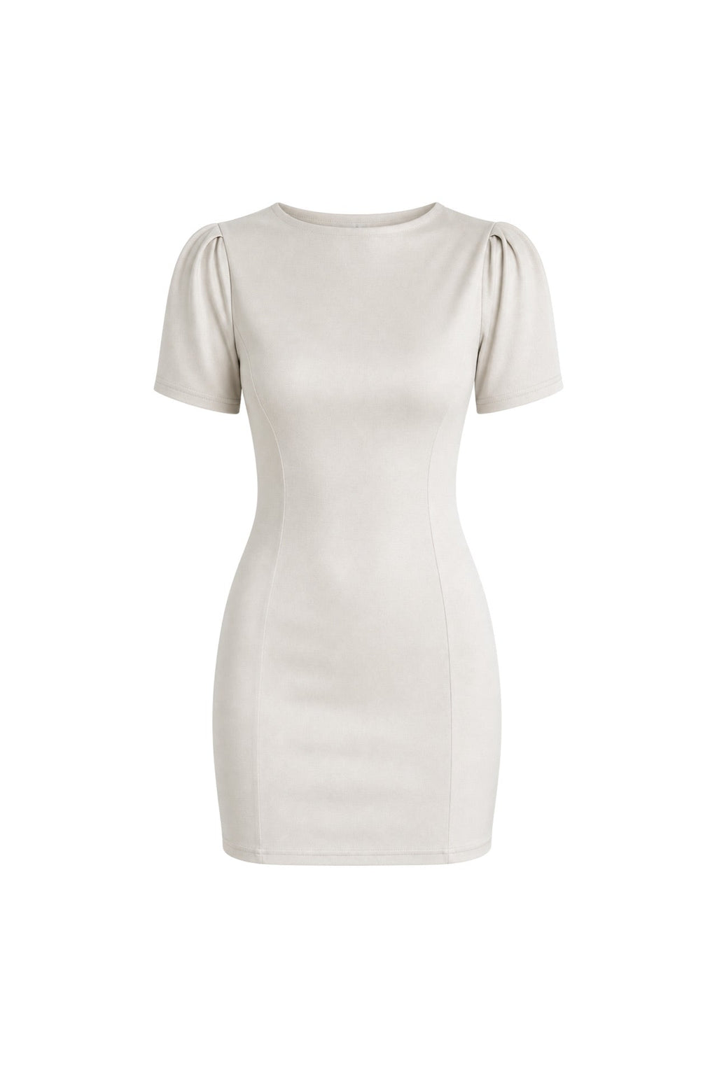 Beige Mini Dress with Shirred Shoulders, Boat Neck, and Half Sleeves