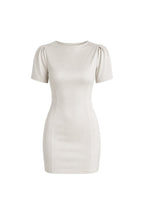 Beige Mini Dress with Shirred Shoulders, Boat Neck, and Half Sleeves