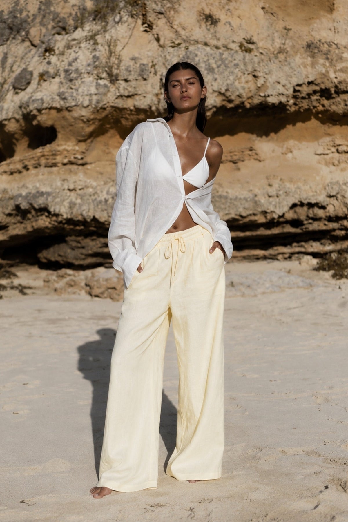Yellow Modal Trousers with Elastic Waist Detail