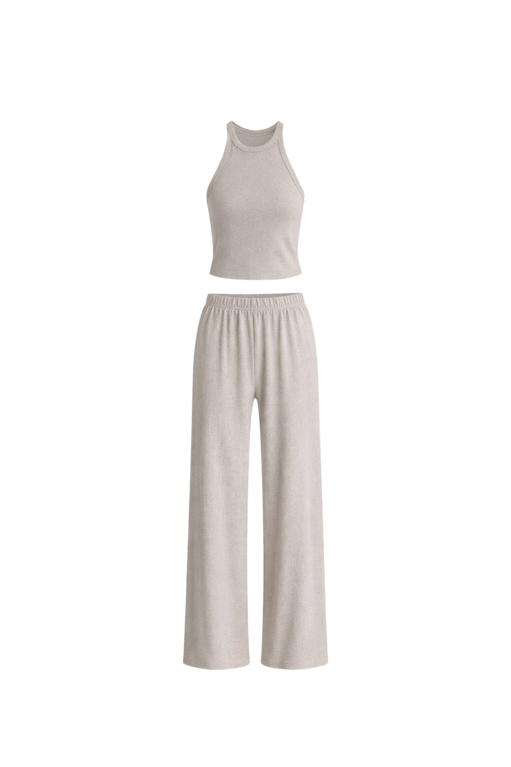 Halter Neck Sleeveless Blouse High Waist Textured Pants Two-piece Beige Set
