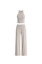 Halter Neck Sleeveless Blouse High Waist Textured Pants Two-piece Beige Set