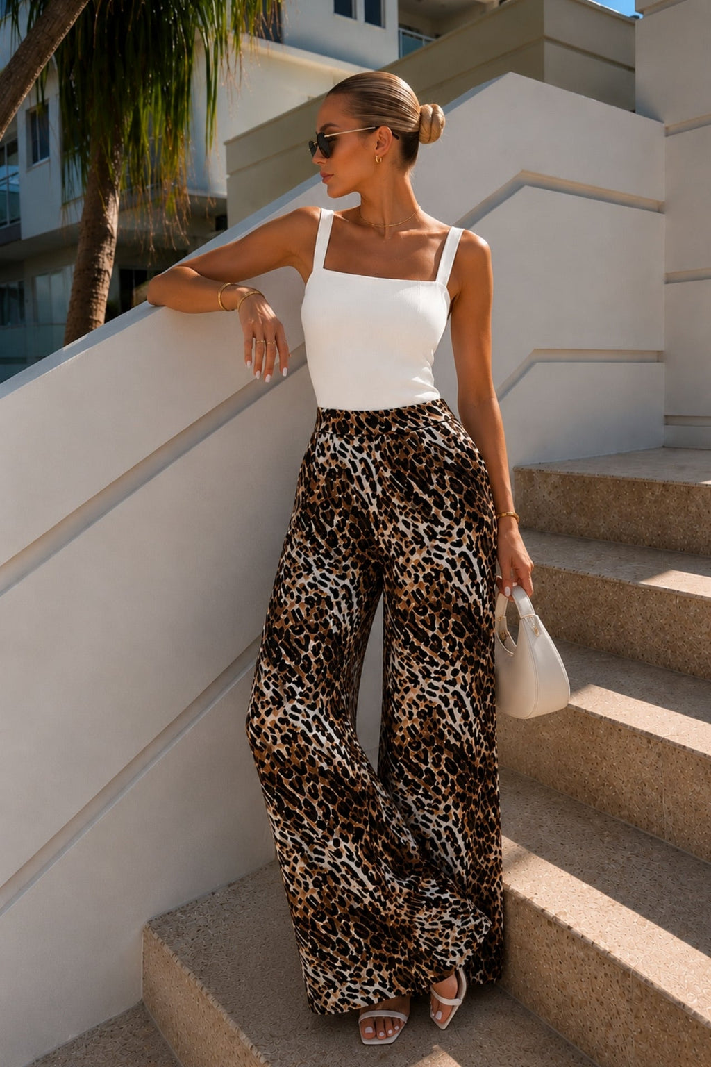 Leopard Print High-Waist Palazzo Satin Pants