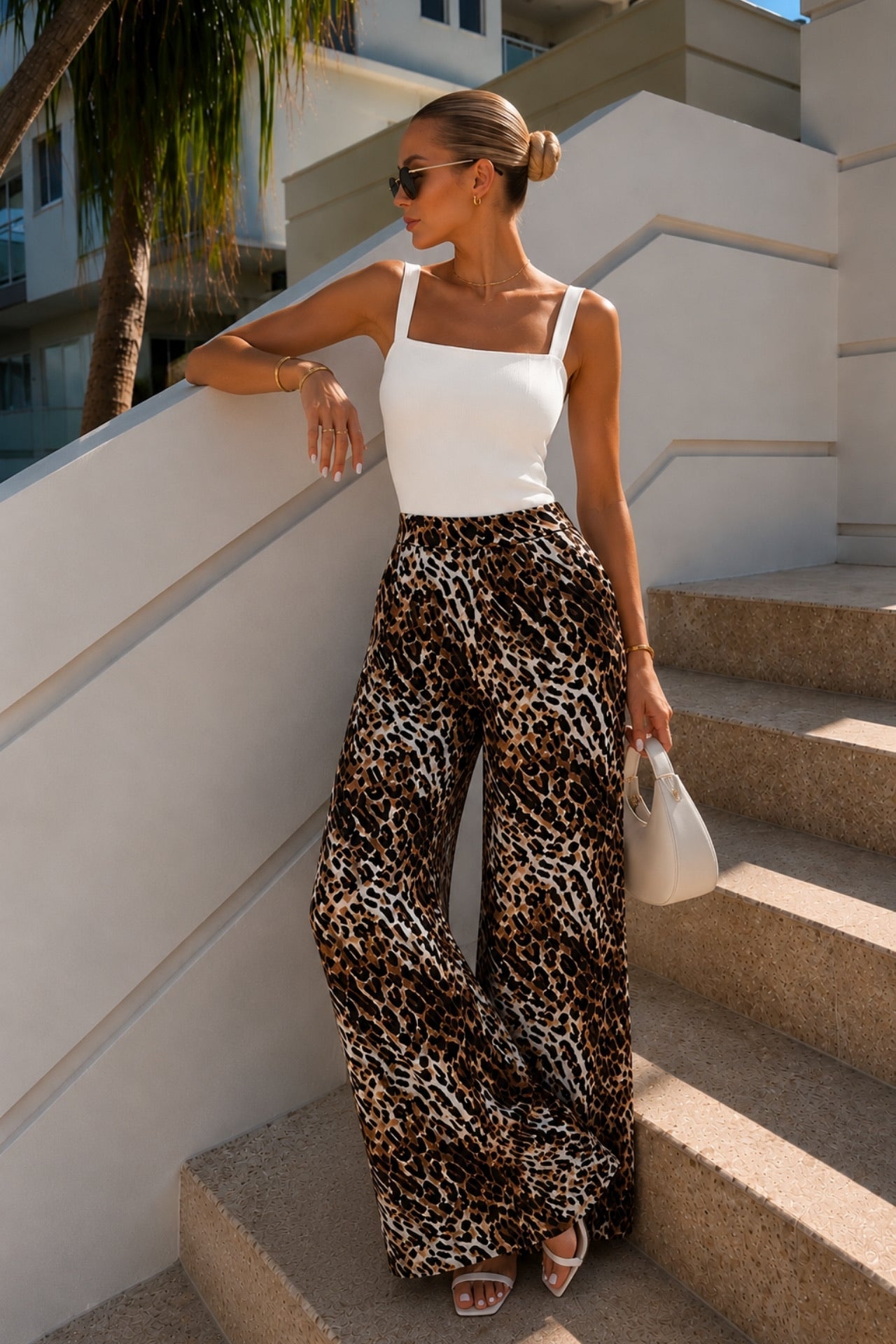 Leopard Print High-Waist Palazzo Satin Pants