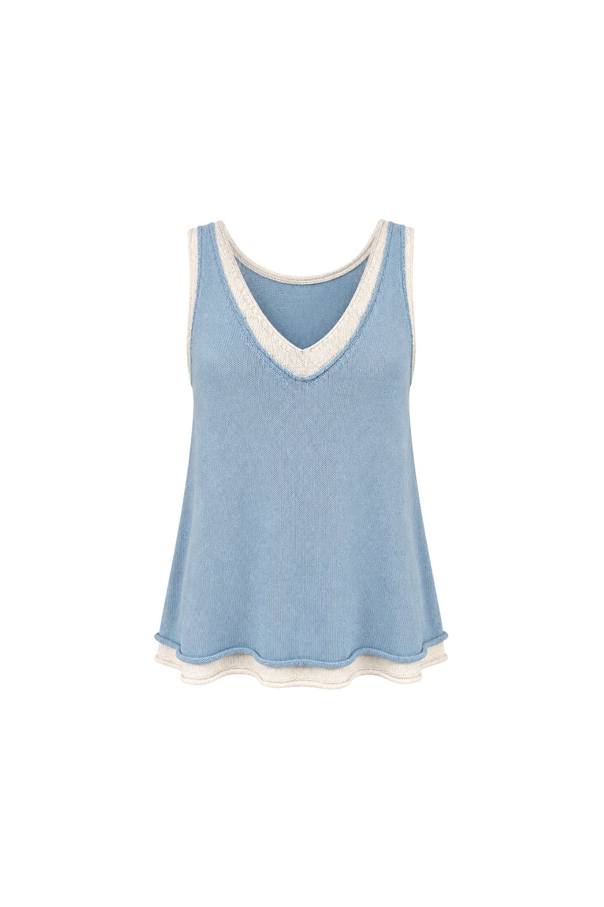 V-Neck Double Collar Blue Knit Blouse