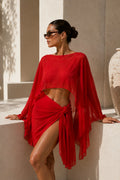 Red Transparent Two-Piece Set with Batwing Boat Neck Crop Blouse and Tie-Waist Skirt