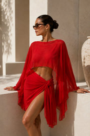 Red Transparent Two-Piece Set with Batwing Boat Neck Crop Blouse and Tie-Waist Skirt