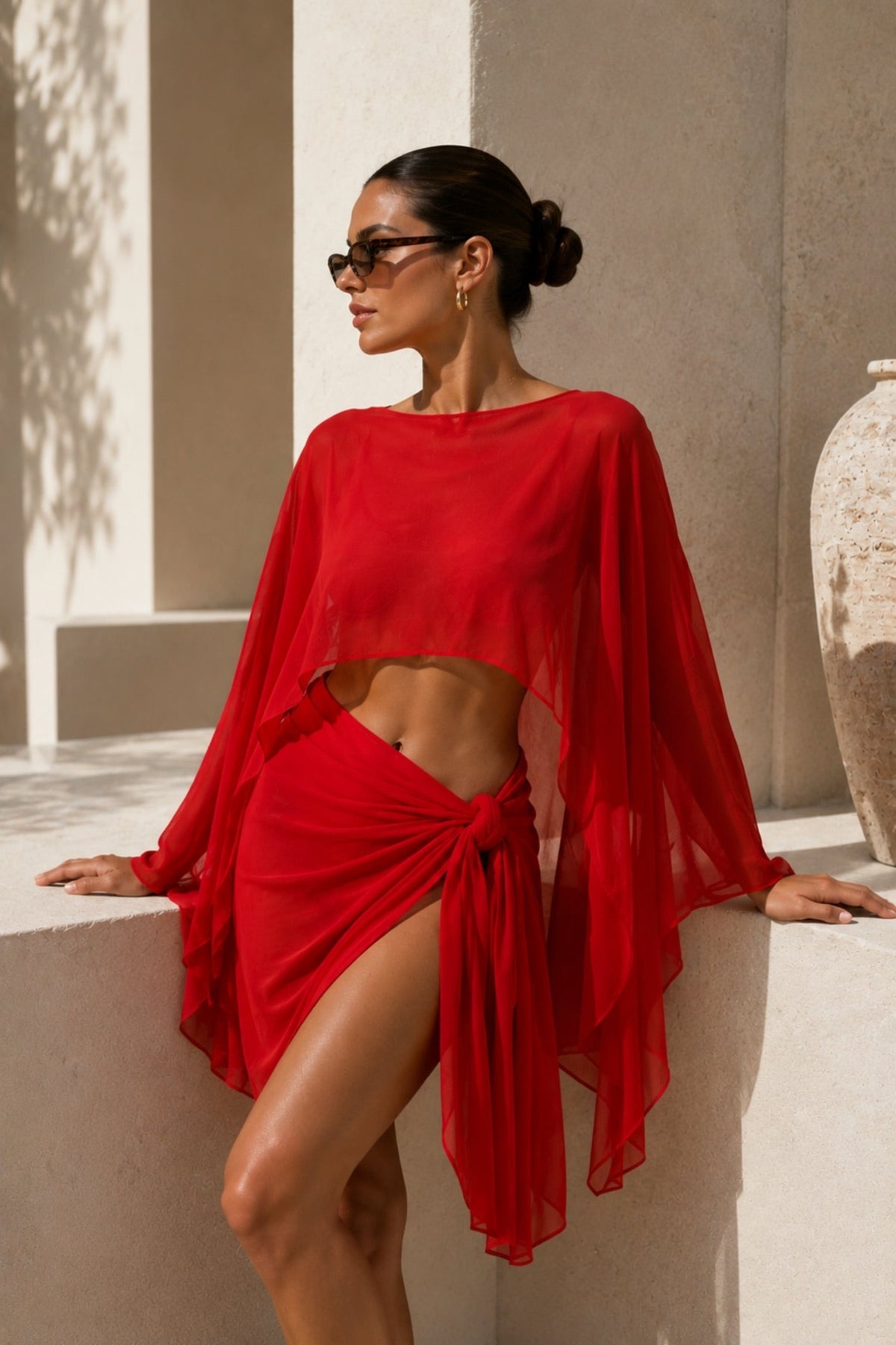 Red Transparent Two-Piece Set with Batwing Boat Neck Crop Blouse and Tie-Waist Skirt