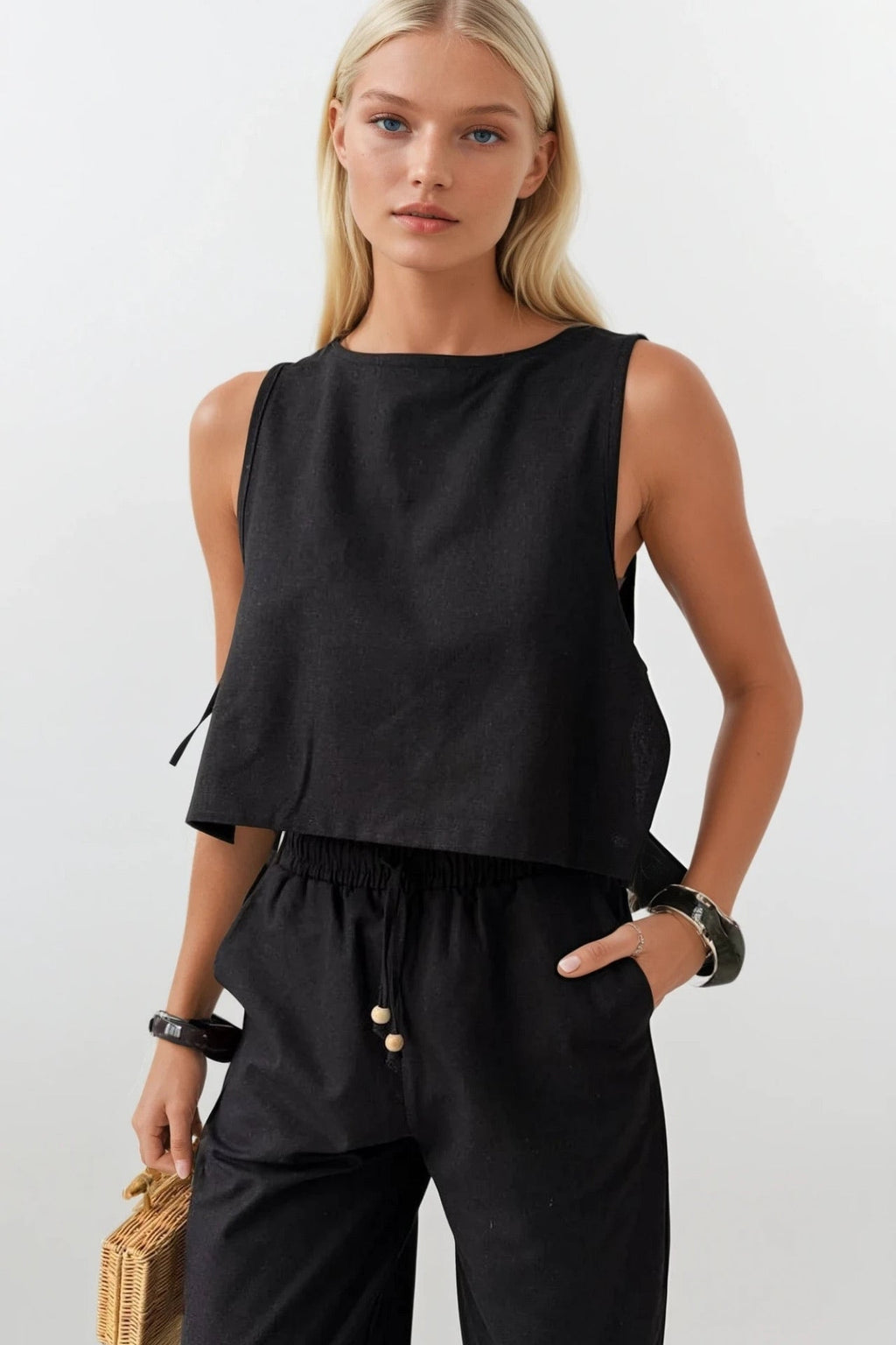 Drawstring Waist Straight Cut Black Pants