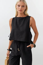 Drawstring Waist Straight Cut Black Pants